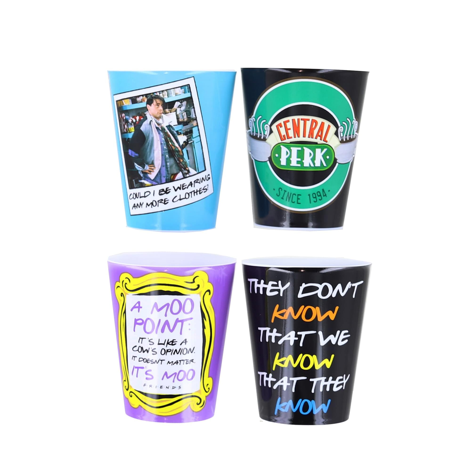 Friends-Inspired 1.5-Ounce Plastic Mini Shot Glasses Set of 4 - Hilarious TV Memorabilia