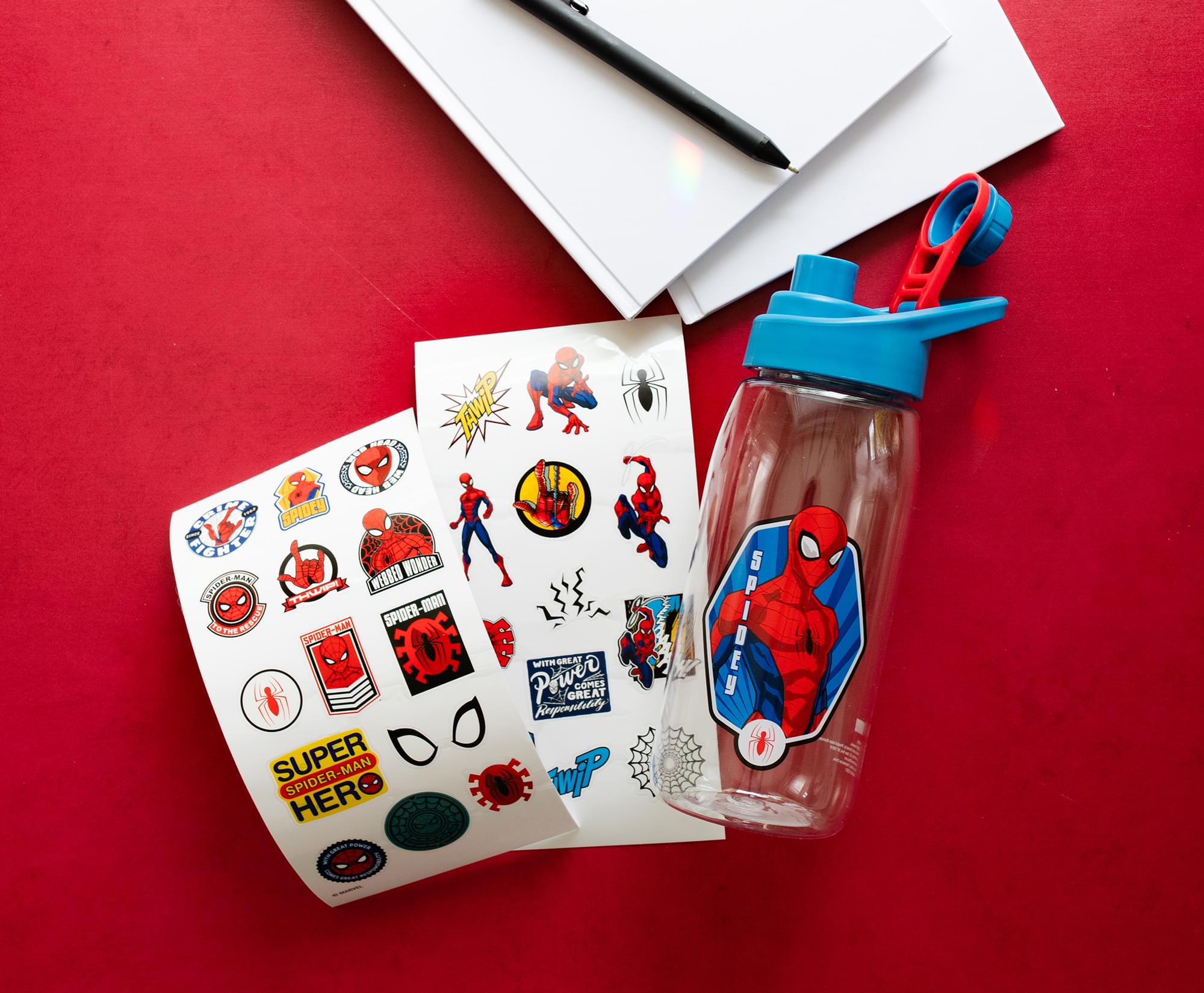 Spider-Man Hinged Handle Plastic Water Bottle & Sticker Set - Your Marvel Adventure!