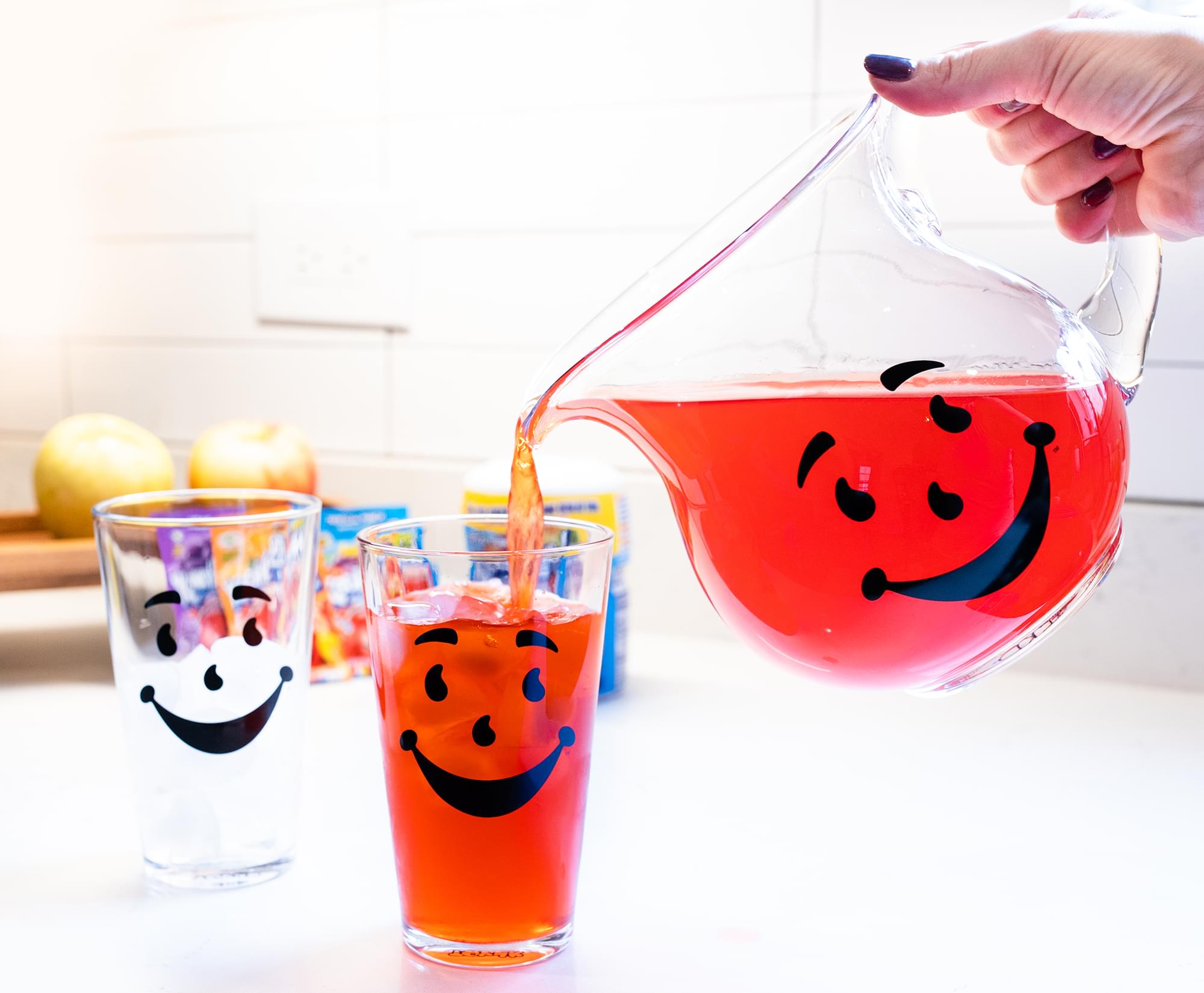 Kool-Aid Man 64-Ounce Glass Pitcher & 2 16-Ounce Pint Glasses Set - Fun and Durable Drinkware