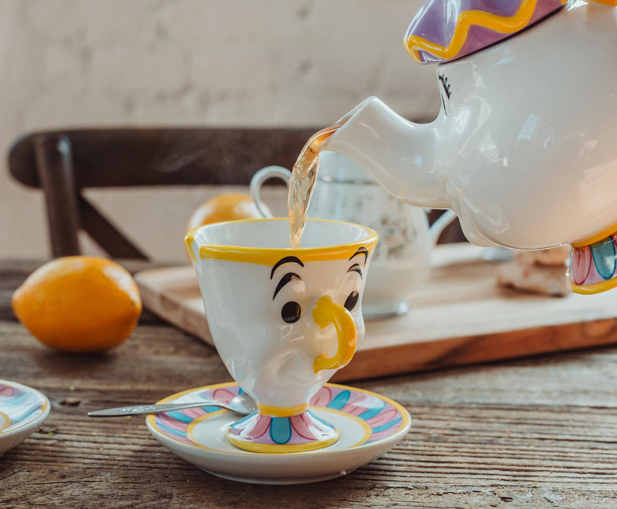 Disney's Enchanting Beauty and the Beast Mrs. Potts Tea Set with 2 Chip Cups & Saucers