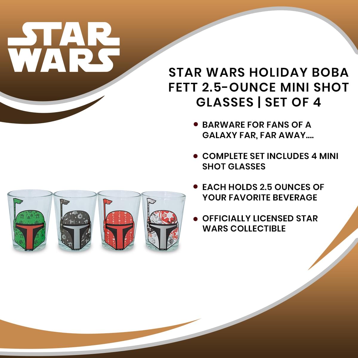 Celebrate Life Day with Star Wars Holiday Boba Fett 2.5-Ounce Mini Shot Glasses Set of 4