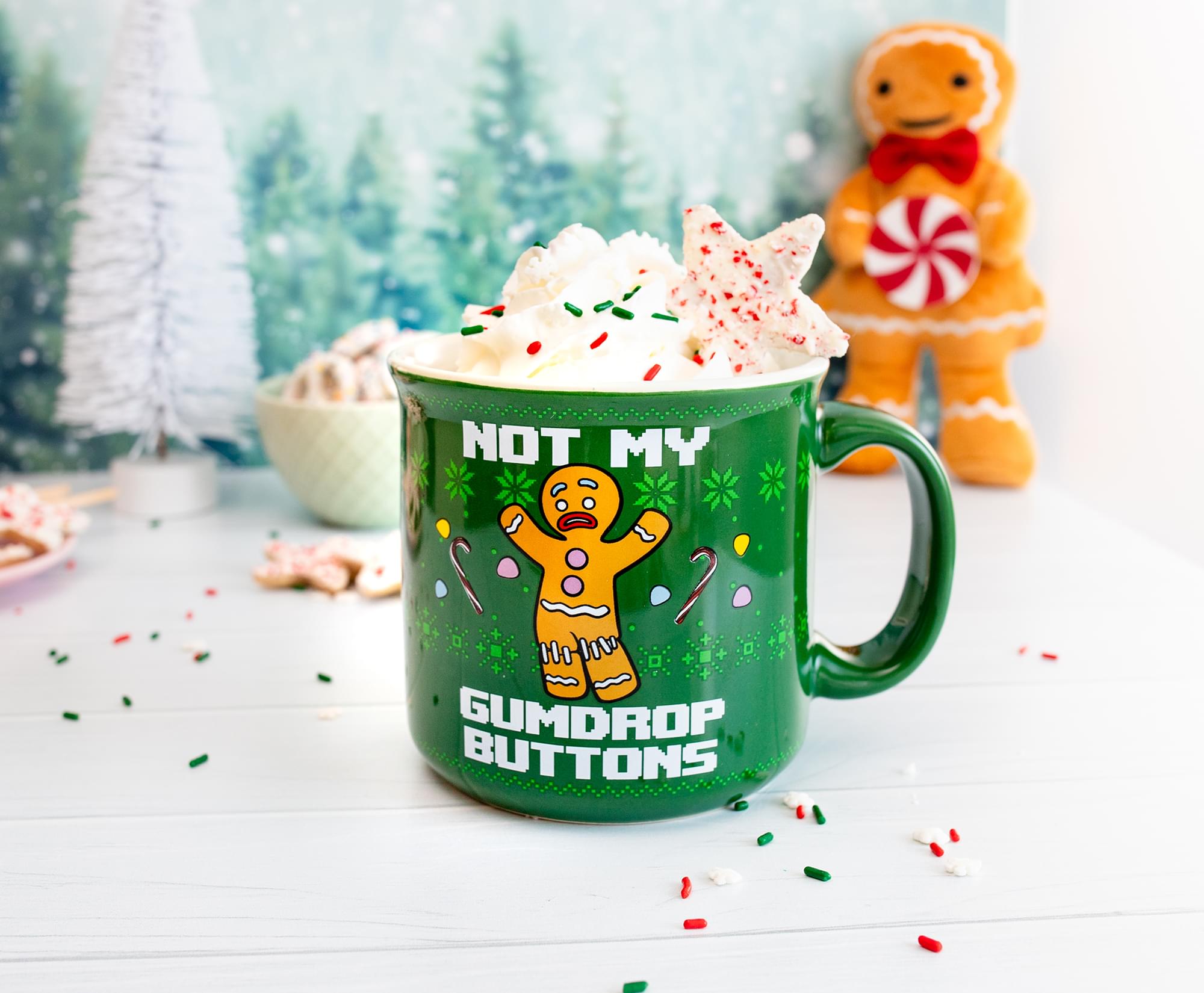 Shrek-Inspired Ceramic Camper Mug: Gingerbread Man's 'Not My Gumdrop Buttons!'