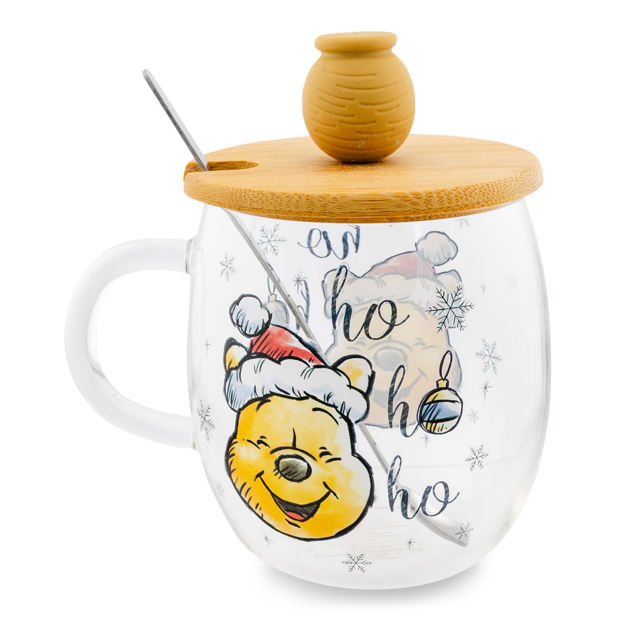 Disney's Festive Winnie the Pooh 17 - Ounce Glass Coffee Mug with Lid and Spoon