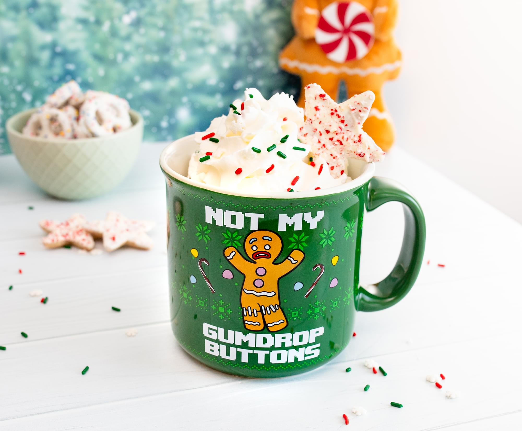 Shrek-Inspired Ceramic Camper Mug: Gingerbread Man's 'Not My Gumdrop Buttons!'