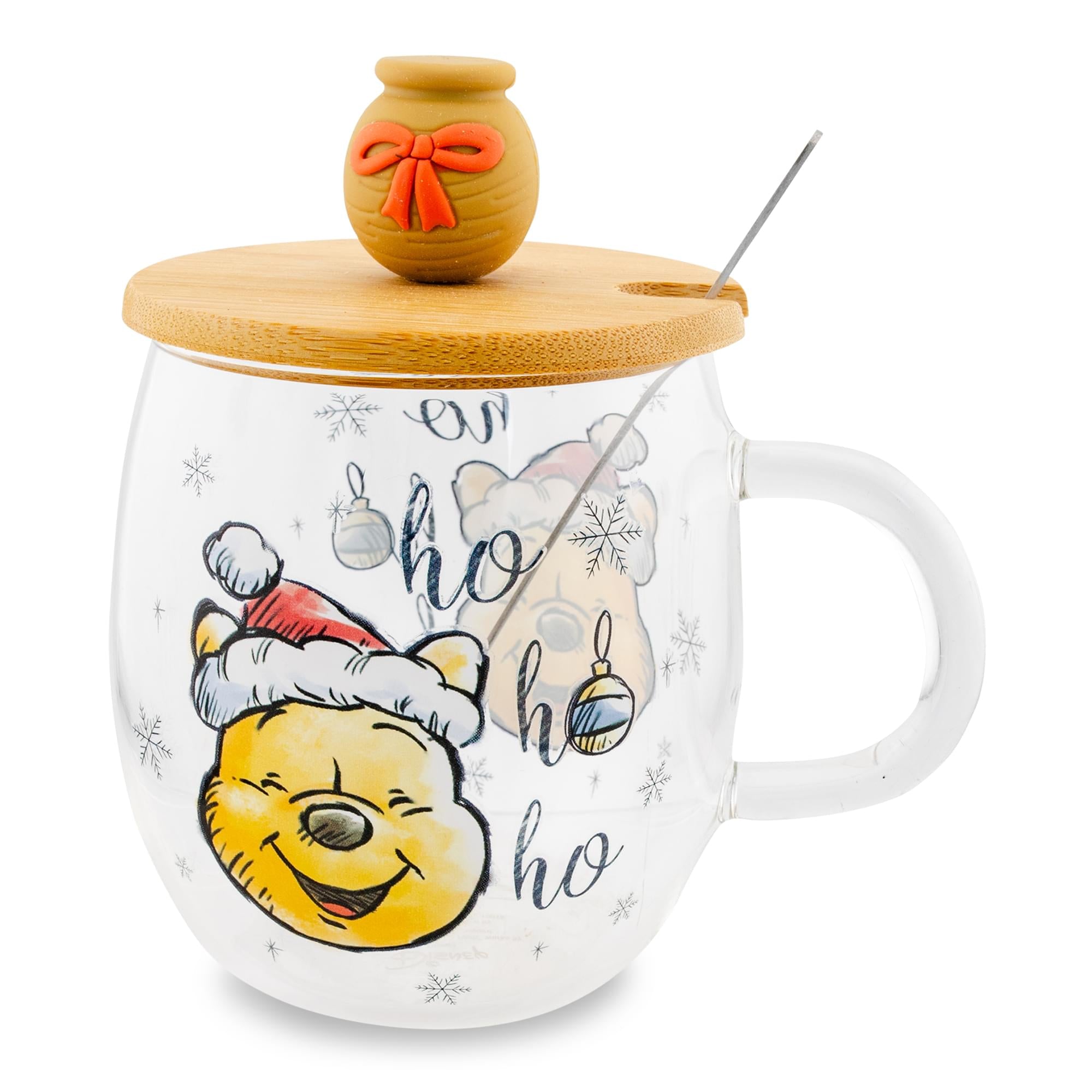 Disney's Festive Winnie the Pooh 17 - Ounce Glass Coffee Mug with Lid and Spoon