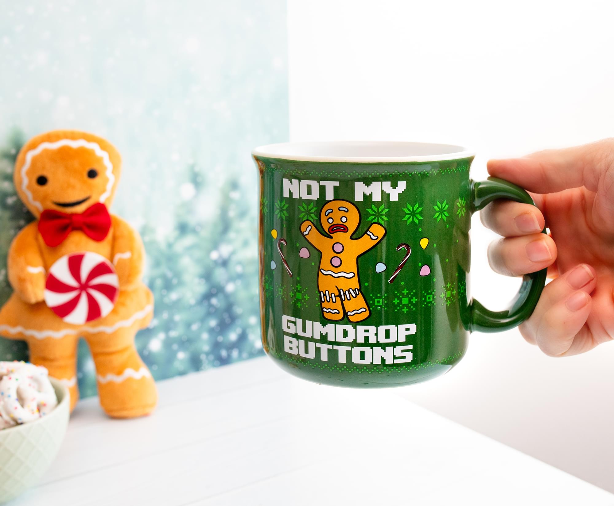 Shrek-Inspired Ceramic Camper Mug: Gingerbread Man's 'Not My Gumdrop Buttons!'