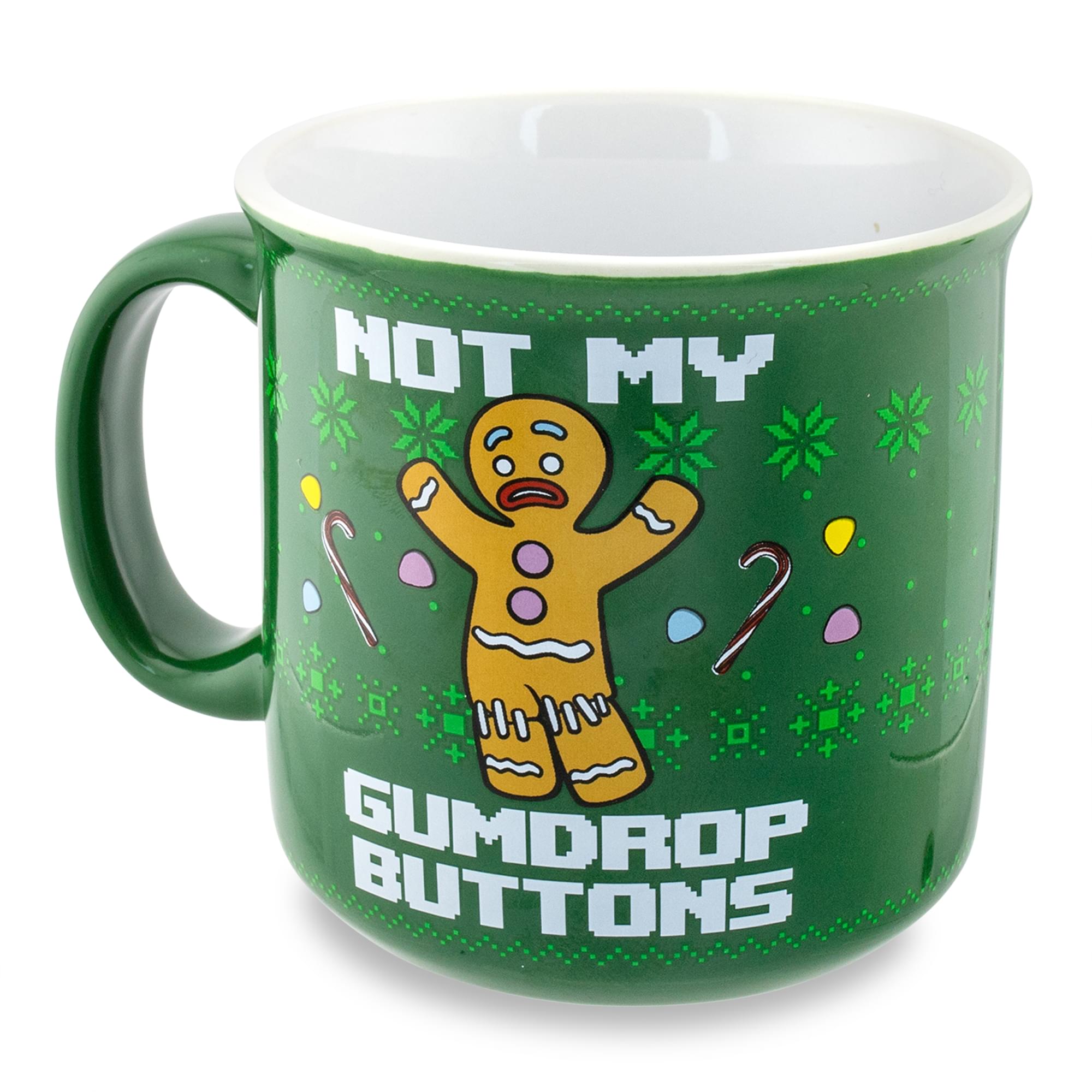 Shrek-Inspired Ceramic Camper Mug: Gingerbread Man's 'Not My Gumdrop Buttons!'
