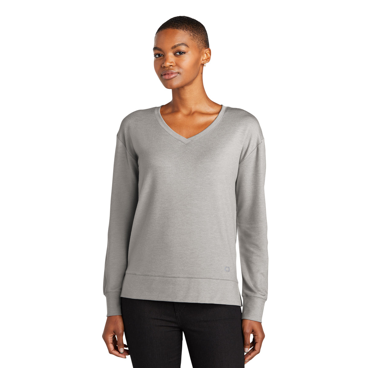 OGIO Women's Luuma Flex Long Sleeve V-Neck - Petrol Grey Heather - A Must-Have for Style and Comfort