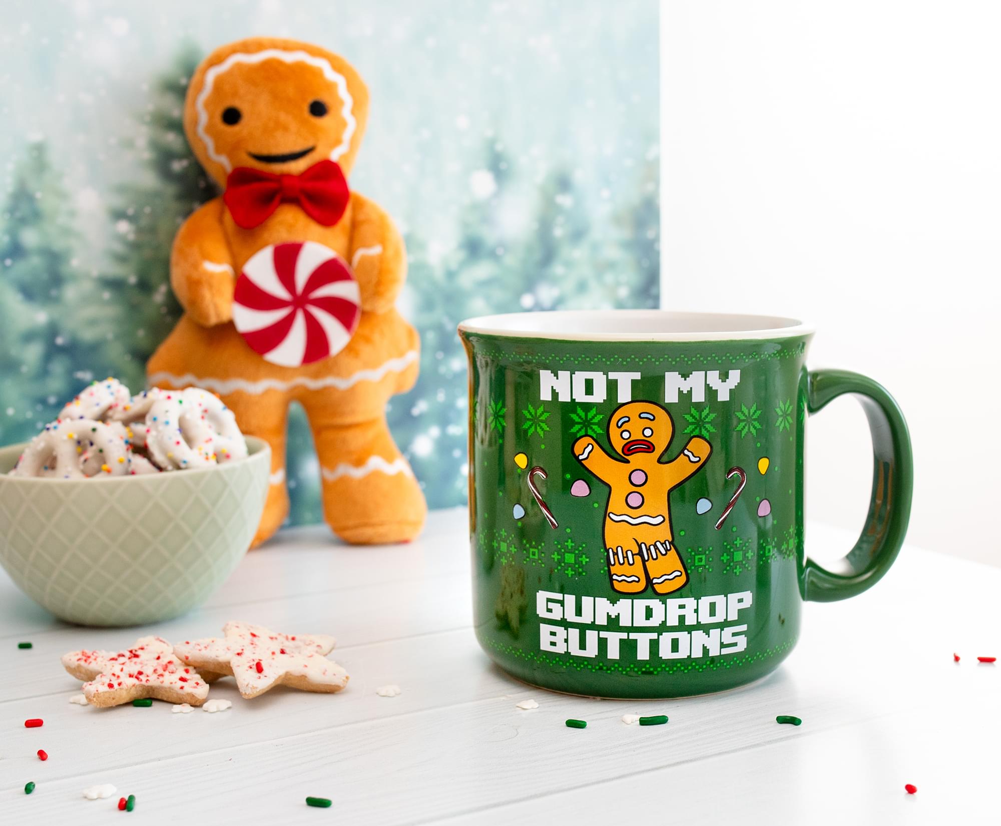 Shrek-Inspired Ceramic Camper Mug: Gingerbread Man's 'Not My Gumdrop Buttons!'