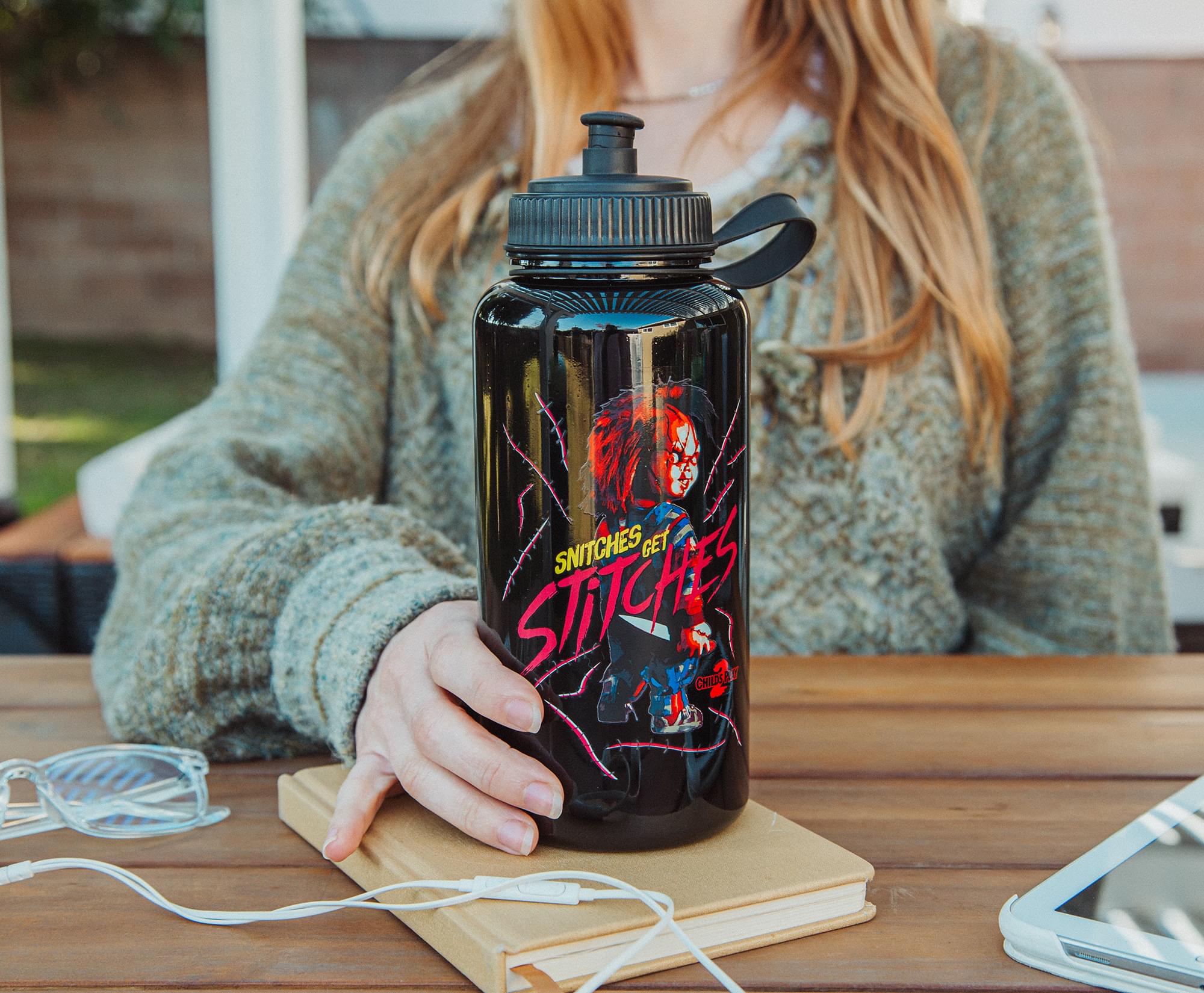 Child's Play 2 Chucky 'Snitches Get Stitches' 34-Ounce Sports Hydration Bottle