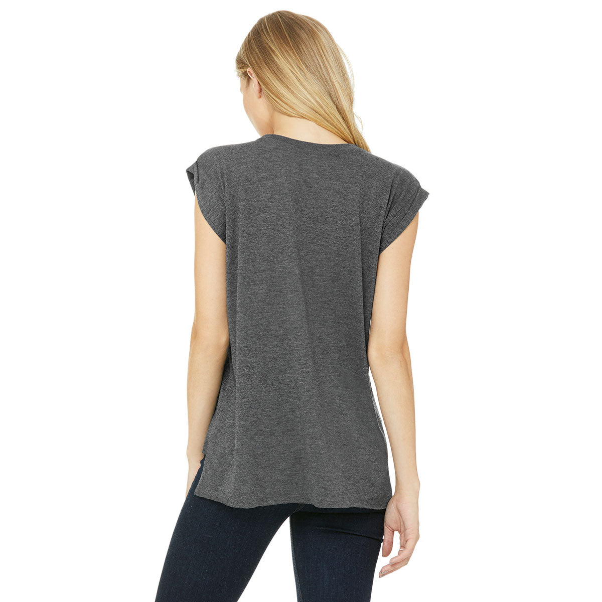 Bella + Canvas Women's Trendy Dark Grey Heather Flowy T-Shirt with Rolled Cuff - Make a Fashion Statement!