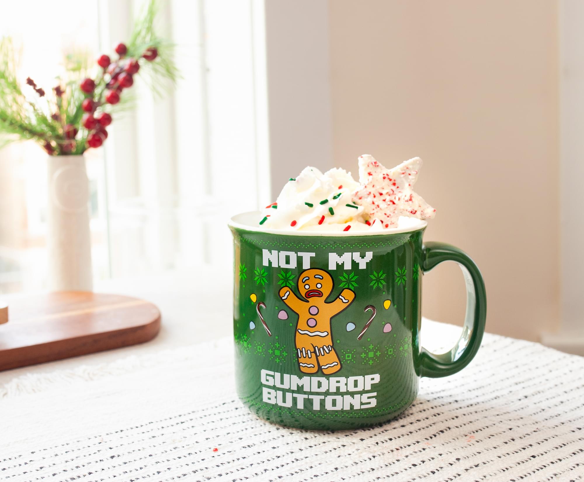 Shrek-Inspired Ceramic Camper Mug: Gingerbread Man's 'Not My Gumdrop Buttons!'