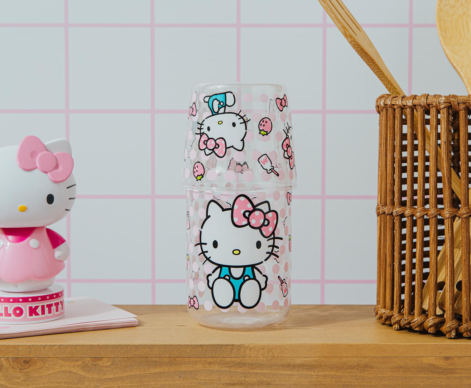 Sanrio Hello Kitty Pink Dots Glassware Set: 18-Ounce Pitcher & 8-Ounce Cup