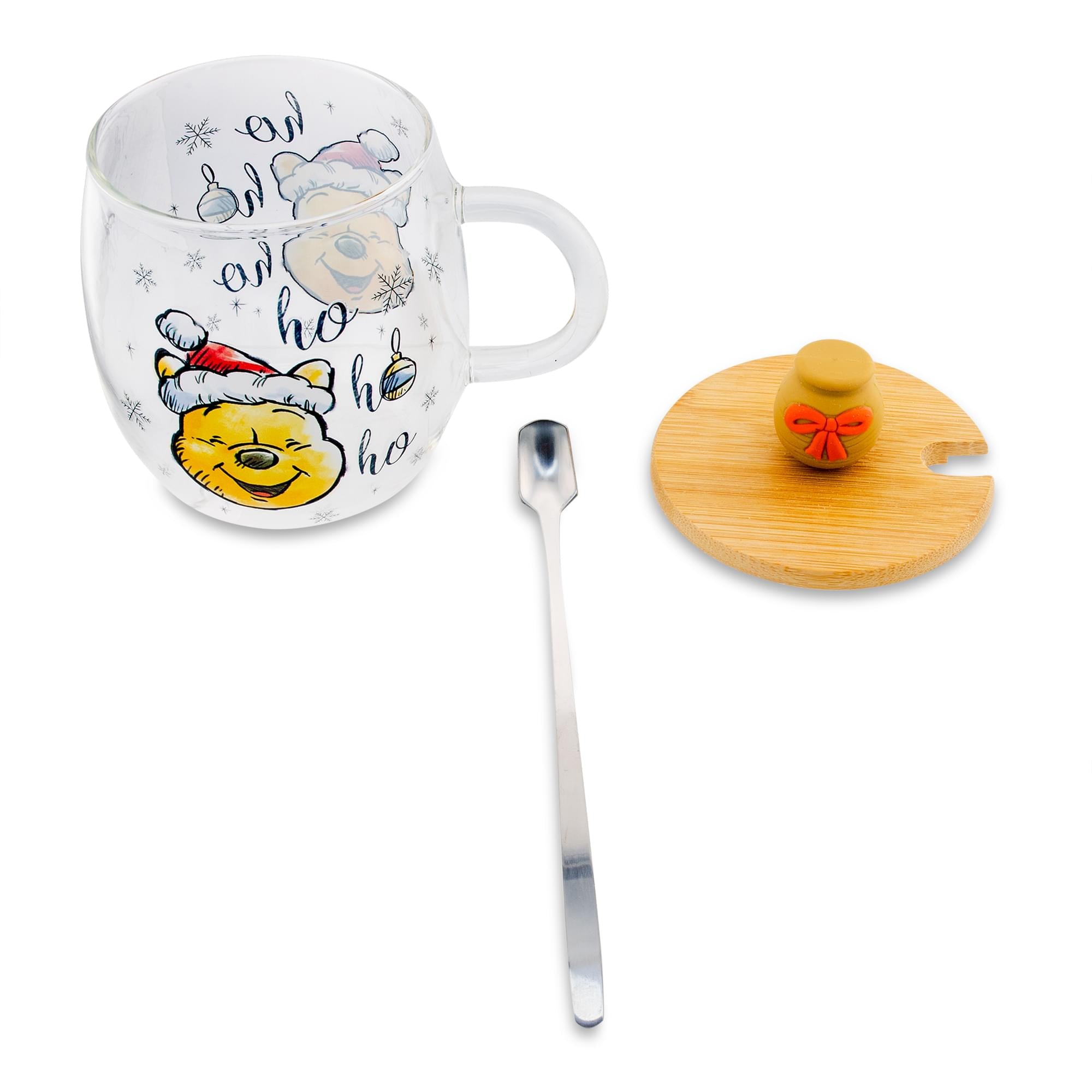 Disney's Festive Winnie the Pooh 17 - Ounce Glass Coffee Mug with Lid and Spoon
