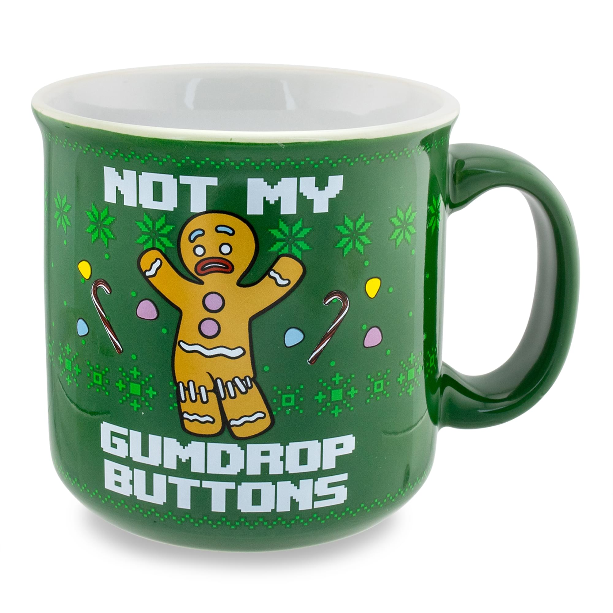 Shrek-Inspired Ceramic Camper Mug: Gingerbread Man's 'Not My Gumdrop Buttons!'