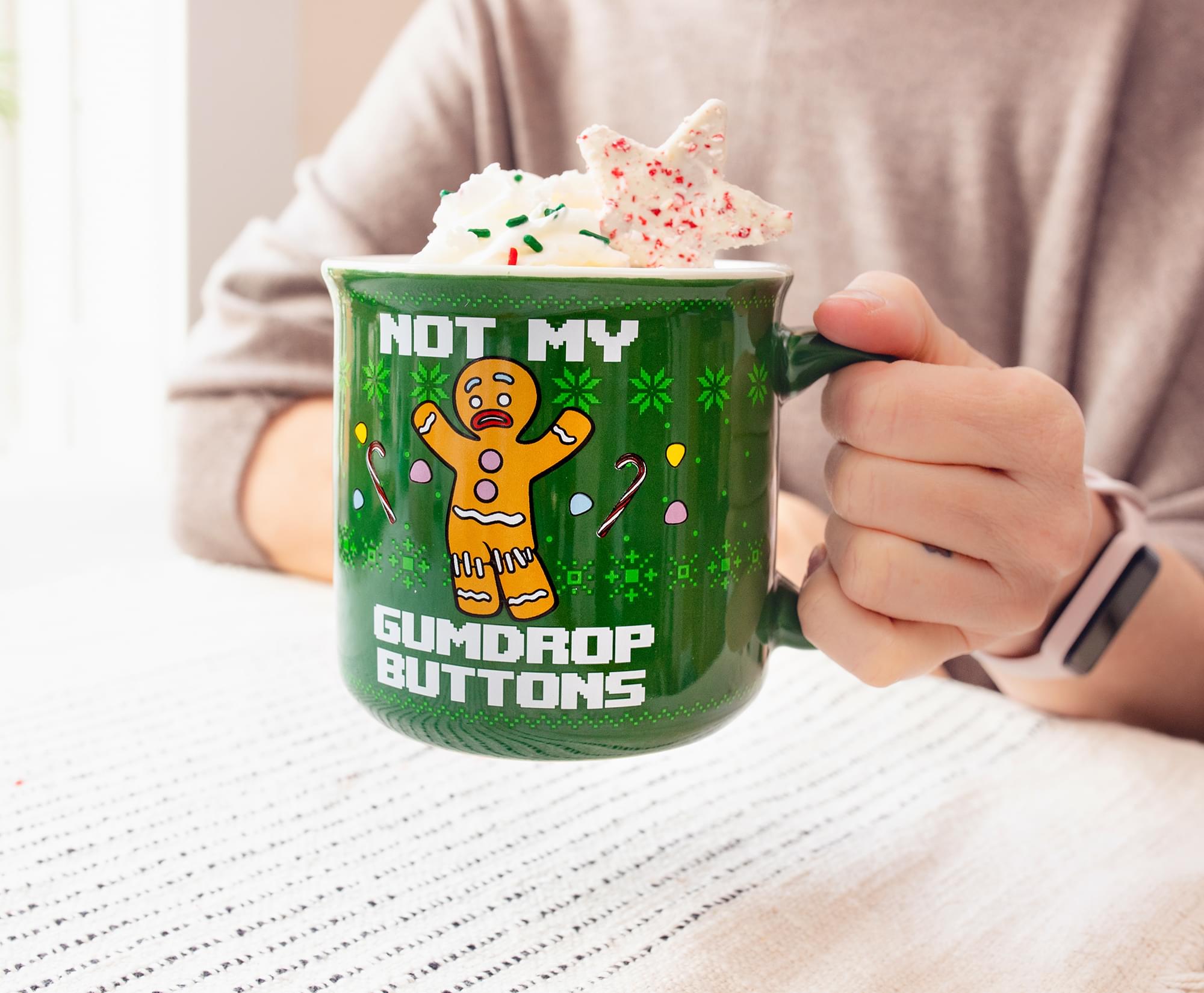 Shrek-Inspired Ceramic Camper Mug: Gingerbread Man's 'Not My Gumdrop Buttons!'