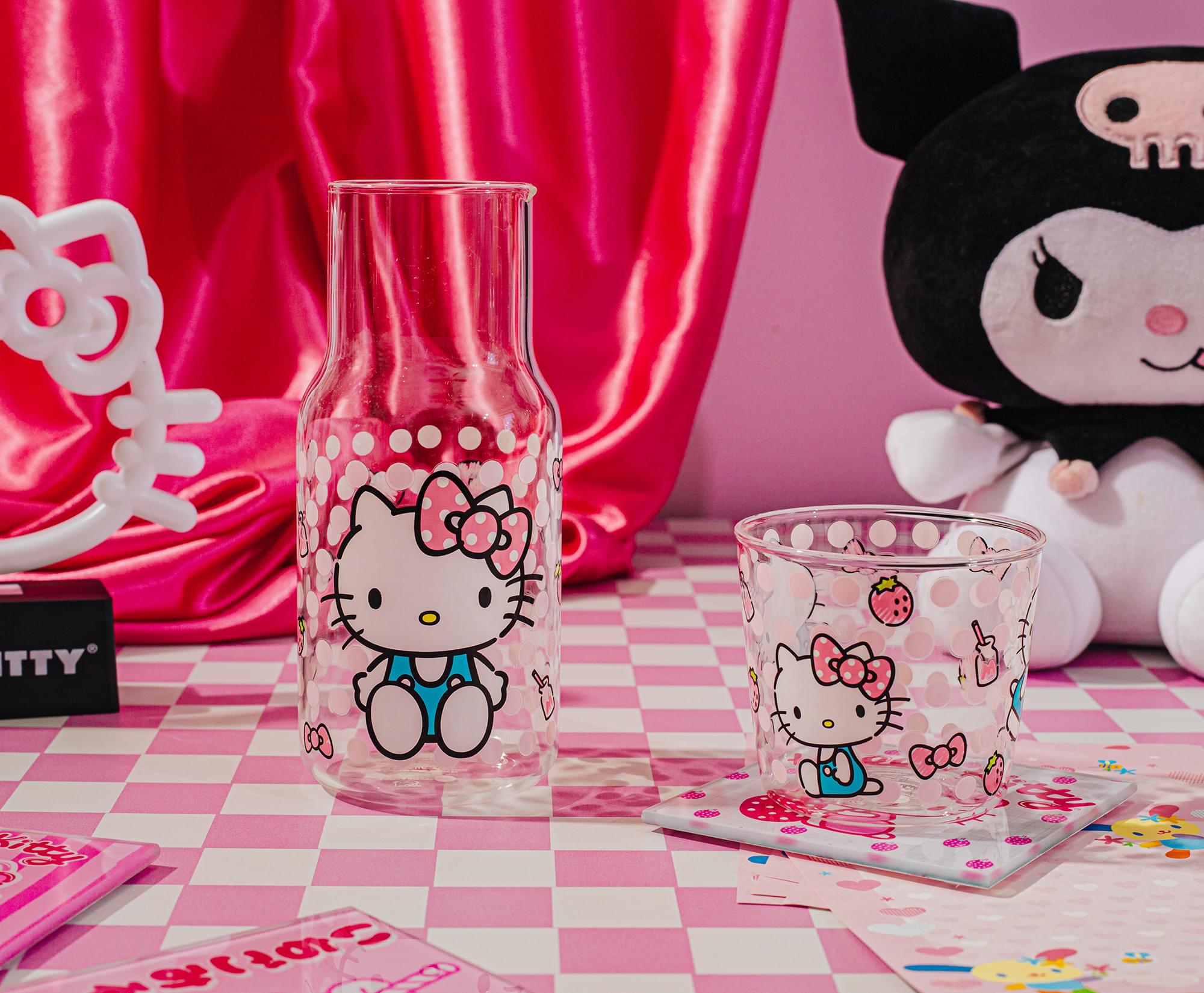 Sanrio Hello Kitty Pink Dots Glassware Set: 18-Ounce Pitcher & 8-Ounce Cup
