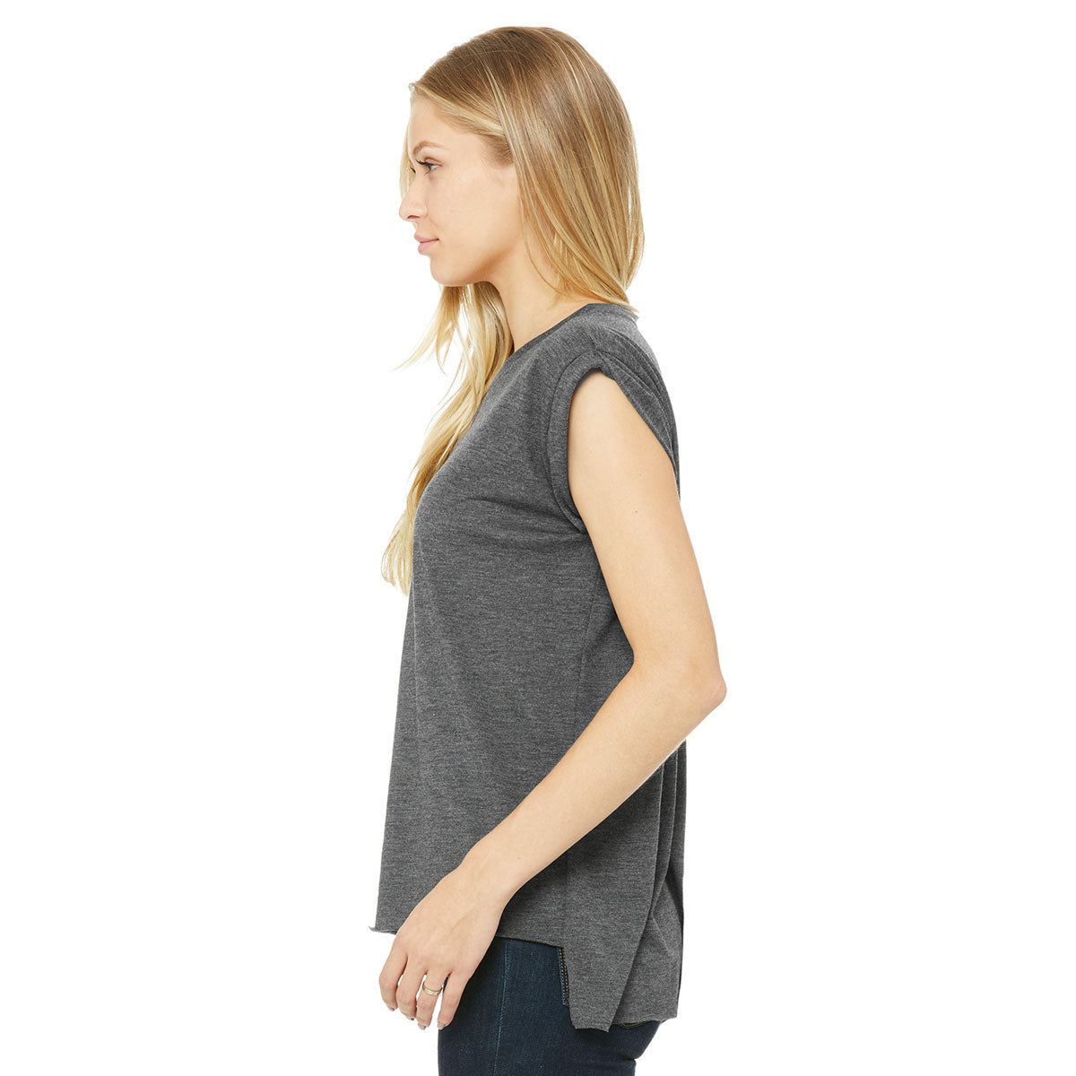 Bella + Canvas Women's Trendy Dark Grey Heather Flowy T-Shirt with Rolled Cuff - Make a Fashion Statement!