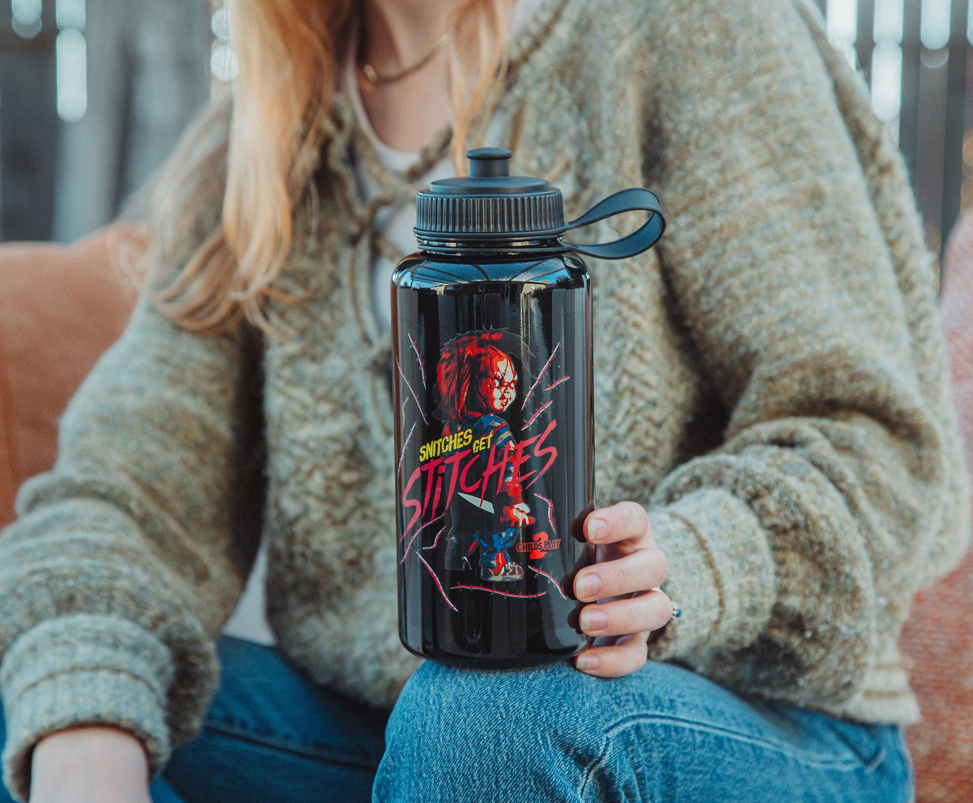 Child's Play 2 Chucky 'Snitches Get Stitches' 34-Ounce Sports Hydration Bottle