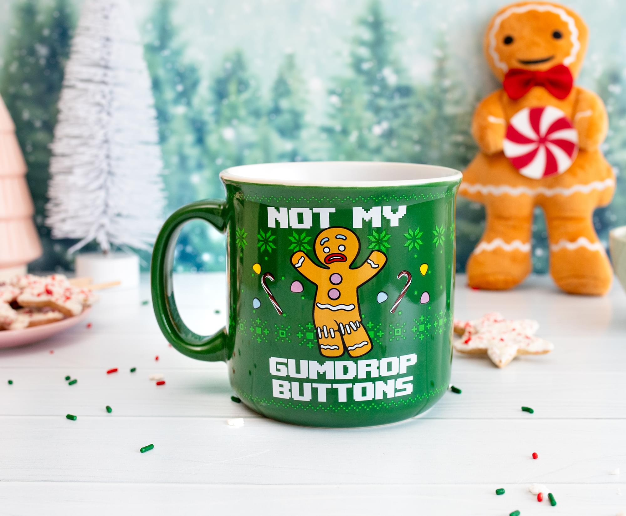 Shrek-Inspired Ceramic Camper Mug: Gingerbread Man's 'Not My Gumdrop Buttons!'